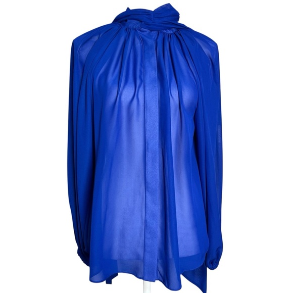 Mac Duggal Sheer Blue Long sleeve Button Up Blouse Size XS Style: R81060 AZU NWT